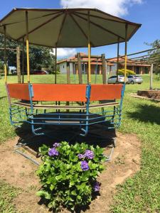 圣代佩德罗Chales da Serra的公园长凳,上面有雨伞,上面有花