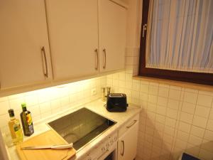 巴特莱辛哈尔Apartment Reichenbachstraße的厨房配有水槽和烤面包机,位于柜台上