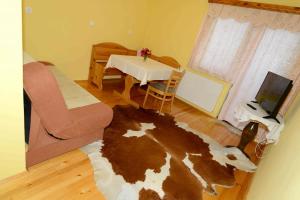 兹雷切Apartment House Koprivnik的客厅配有桌子和牛地毯