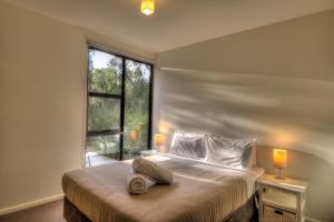 科尔斯湾哈扎兹里姆度假屋的一间卧室设有一张大床和大窗户