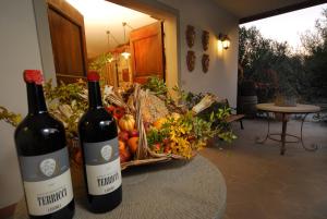 因普鲁内塔阿古里图里斯默博格黛里奇酒店的桌子上放着两瓶葡萄酒,还有一篮水果