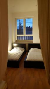 弗尔克林根Gästehaus Samuel的带2扇窗户的客房内的2张床