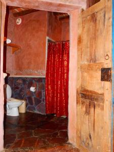 埃尔富埃尔特Hotel Torres Del Fuerte的浴室设有卫生间和红色的淋浴帘