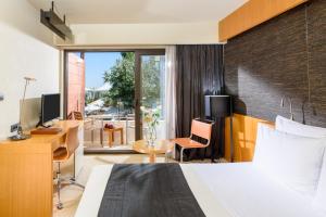 亚历山德鲁波利斯亚历山大海滩温泉酒店的配有一张床、一张书桌和一扇窗户的酒店客房