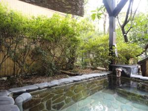 箱根佳松日式旅馆的花园内的游泳池,花园内设有喷泉