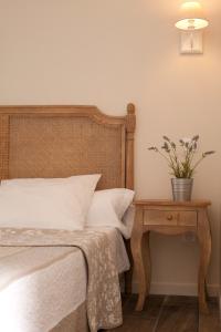 阿维尼翁新城La Villa Dupont d'Avignon的一间卧室配有一张床和一张带盆栽的桌子