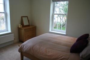 尚克林Highlands Apartment 2的一间卧室配有一张床、一个梳妆台和两个窗户。