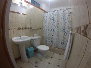 纳斯卡Hospedaje el Telar的一间带水槽、卫生间和淋浴的浴室