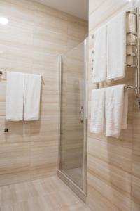 敖德萨Malon apartments的带淋浴和白色毛巾的浴室