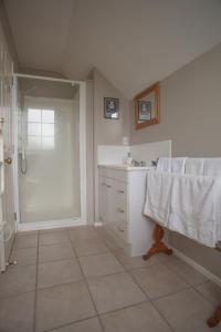 陶波The Loft Bed and Breakfast的带淋浴、盥洗盆和卫生间的浴室