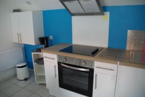 埃塔普勒L'annexe的厨房设有蓝色的墙壁和炉灶烤箱。