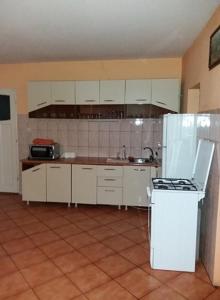 克尔茨什瓦拉乡Casa Floare de Colt的厨房配有白色橱柜和白色冰箱。