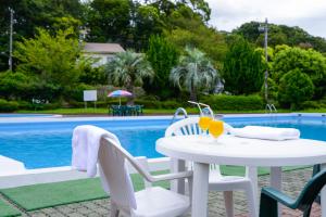伊东内萨城崎旅馆的游泳池旁的白色桌椅