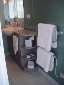 欧尼罗亚Oneroa Bay Villas的浴室配有盥洗盆和带毛巾的台面。