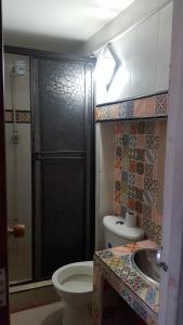 波帕扬Hostal Balcony的带淋浴、卫生间和盥洗盆的浴室