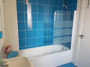 埃尔韦尔赫尔Ferienvermietung David的蓝色瓷砖浴室设有浴缸和水槽