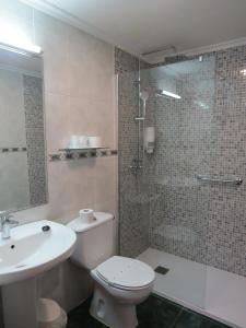 巴约讷阿农西亚达酒店的浴室配有卫生间、盥洗盆和淋浴。