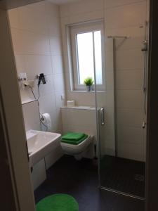 埃森Bergcafè - Hotel Kammann的浴室配有卫生间、盥洗盆和淋浴。