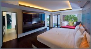 卡农亚瓦Spa度假村的卧室配有一张白色大床和电视。