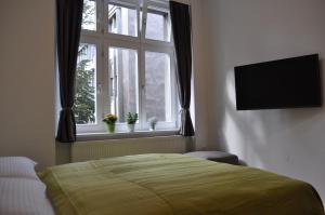 萨格勒布城市风格公寓的一间卧室设有一张床和一个带电视的窗户。