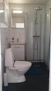 乌拉勒德Sjönära Ullared的白色的浴室设有卫生间和淋浴。
