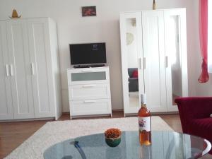 埃格尔Éger Apartman的客厅配有玻璃桌和电视