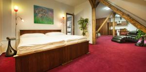 俄斯特拉发布里奥尼套房酒店的一间卧室配有一张大床和红地毯