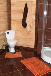 布克维Szlachta Cottage的浴室配有卫生间、淋浴和浴缸。