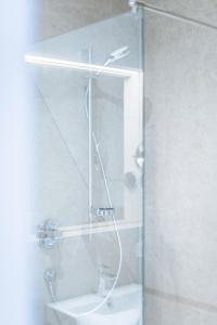 布拉河畔的海登海姆Felsen8的带淋浴和水槽的浴室以及玻璃门。