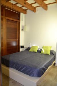 休达德亚Casa Fayas的一间卧室配有一张带蓝色床单和绿色枕头的床。