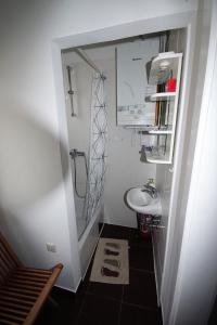 萨格勒布Jazzy Apartment Zagreb的一间带水槽和卫生间的小浴室