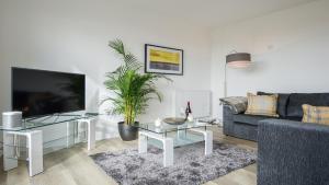 剑桥Tailored Stays - De Havilland House的带沙发和电视的客厅