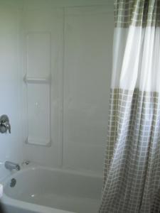 伍德斯托克Eastwood Motel的浴室配有淋浴帘和浴缸。