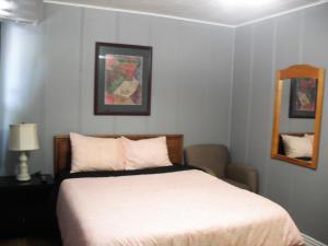 伍德斯托克Eastwood Motel的卧室配有白色的床和镜子