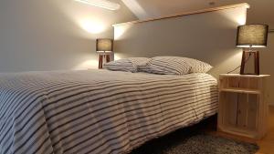 热纳Le Loft de Genas entre Eurexpo et St Exupéry的一间卧室配有一张带两盏灯的床。