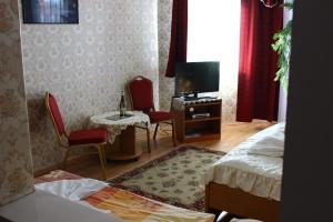 塞格德卡尔曼旅馆的一间卧室配有一张床、两把椅子和电视