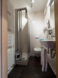 FahrHotel Braun的带淋浴、盥洗盆和卫生间的浴室