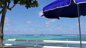 蓝海湾青蓝旅馆的海滩上的蓝伞,在海洋里划帆船