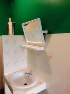 七岩七岩山姆度假酒店的一间带水槽和绿色墙壁的浴室