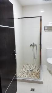 RinasHotel Alpet的浴室里设有玻璃门淋浴