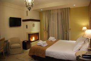 卡托劳塔翁阿迦毗豪华酒店的酒店客房配有一张床和一个壁炉。