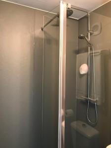 拉查佩里圣鲁布里特鲁瓦精萃机场酒店的带淋浴、卫生间和玻璃门的浴室