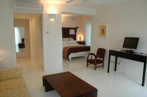 萨包迪亚圣弗朗西斯科2号迷人酒店的客厅配有一张床和一张书桌及电视
