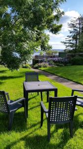 洛赫雷Lakeside Loughrea的草上野餐桌和两把椅子