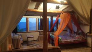 切佩拉雷Zornica Guest House的一间带天蓬床的卧室,位于带窗户的房间内
