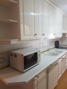 塞维利亚爱德华多拿督公寓的白色的厨房配有微波炉和水槽