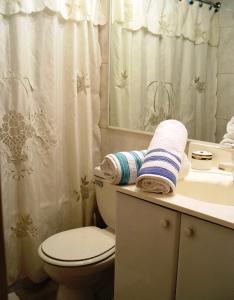 圣地亚哥科斯塔内拉中心公寓酒店的一间带卫生间、水槽和镜子的浴室