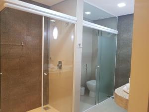 Nova AndradinaHotel B&S的一间带卫生间的浴室内的玻璃淋浴间