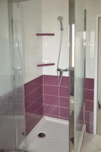 沙西约拉玛丽娜度假屋的浴室设有紫色瓷砖和淋浴。