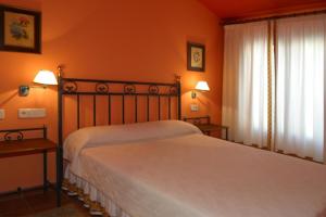 钦琼Hotel y apartamentos La Casa Rural的一间卧室配有一张床、两盏灯和一个窗户。
